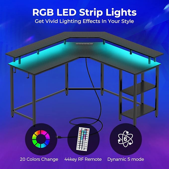 Rolanstar L Shaped Gaming Desk with LED Lights & Power Outlets, 53" Computer Desk with Full Monitor Stand & Storage Shelf, Corner Desk with Hooks, Carbon Fiber Desk Reversible