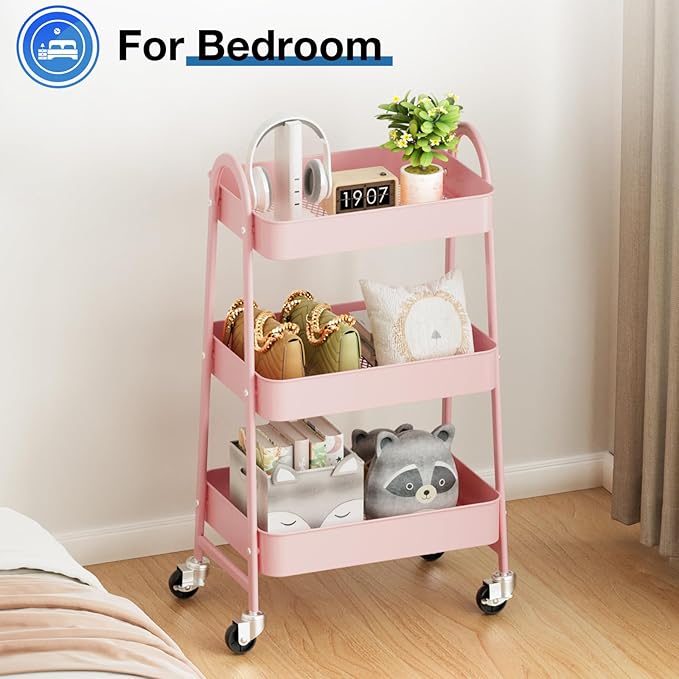 OLIXIS 3 Tier Utility Rolling Cart, Metal Mobile Storage Shelf with Lockable Caster Wheels, Organization for Livingroom, Bathroom, Kitchen, & Narrow Places, Pink