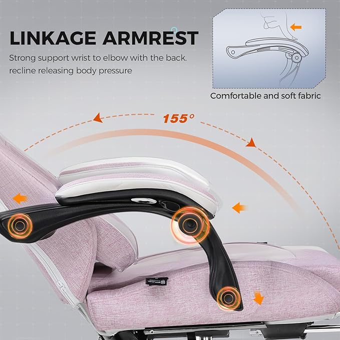 GTPLAYER Gaming Chair with Footrest, Big and Tall Game Chair High Back Computer Office Chair with Lumbar Support for Adults, Ergonomic Swivel Games Chair with Cushion Gaming Black Linen Fabric Pink