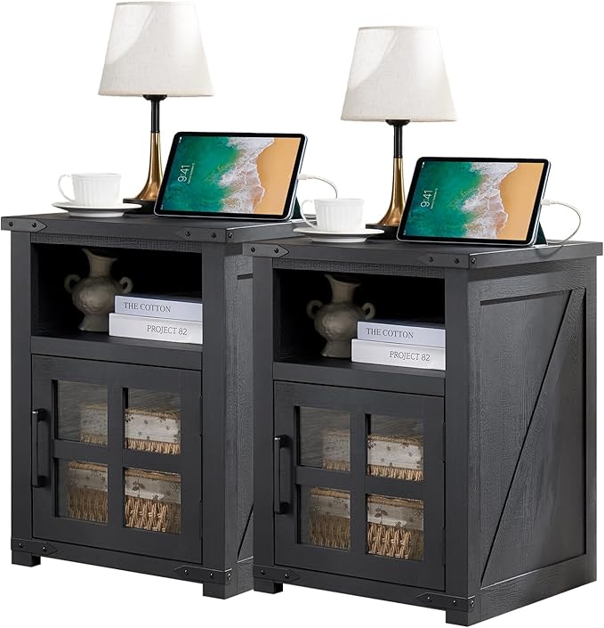Farmhouse Nightstand with Charging Station, Rustic End Table with Tempered Glass Barn Door, Wood Sofa Side Bedside Table with Open Storage Shelf for Living Room, Bedroom, Black, 2 Pack
