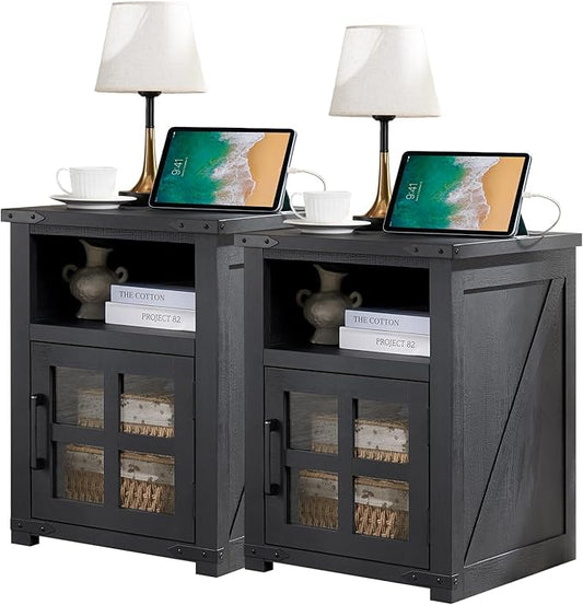 Farmhouse Nightstand with Charging Station, Rustic End Table with Tempered Glass Barn Door, Wood Sofa Side Bedside Table with Open Storage Shelf for Living Room, Bedroom, Black, 2 Pack