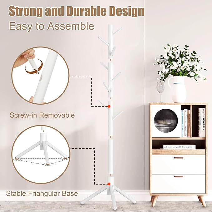 Wooden Coat Rack Stand, Freestanding Coat Rack with 8 Hooks, 3 Adjustable Size Coat Tree for Hats, Coats, Scarves bags, Coat Hanger Stand Used in Bedroom/Office/Entryway （White）