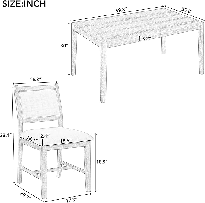 Merax 7 Pieces Retro Dining Set for 6, Rectangular Wood Dining Table with 6 Upholstered Chairs for Kitchen, Living Room, Natural