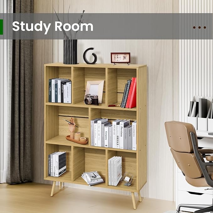 Bookshelf, 3-Tier 8 Cube Open Wooden Book Shelf with Legs, Floor Standing Office Bookcase, Wooden Bookcase for Office Furniture, Cubby Storage Organizer for Living Room/Bedroom
