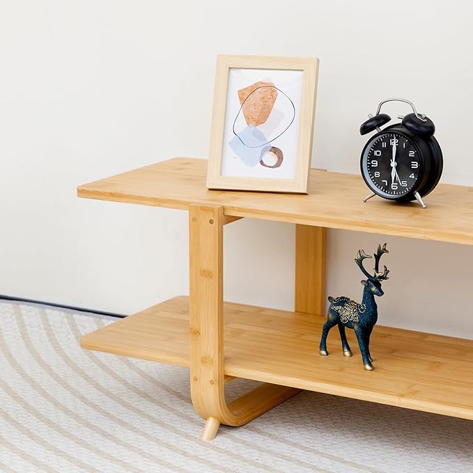 HollyHOME Bamboo TV Stand with Storage for TVs up to 65'', Modern Entertainment Center with 2 Open Shelf, Accent TV Media Console Table for Living Room, Bedroom, 55"(L), Burlywood