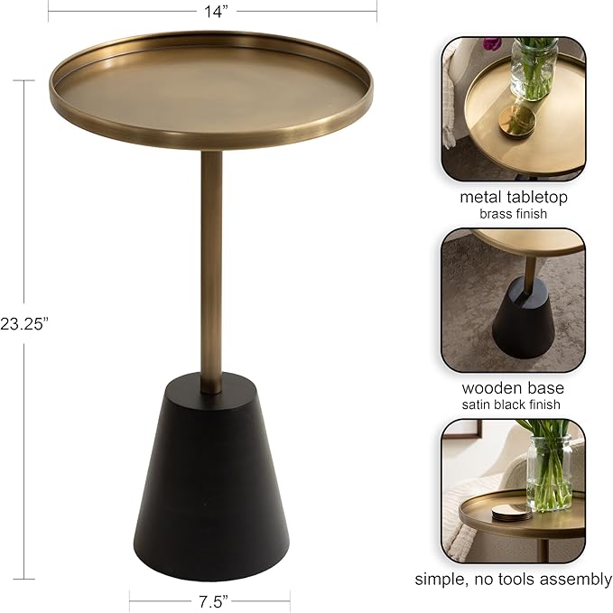 Kate and Laurel Tira Elegant Round Side Table, 14 x 24, Brass and Black, Modern Glam Circle End Table for Use as Bedroom Nightstand or Living Room Table Option