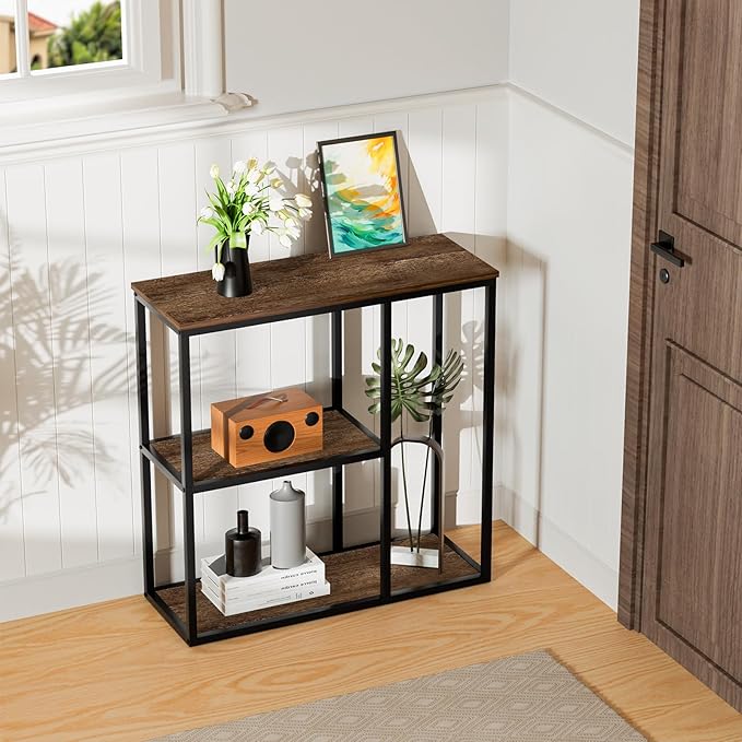 WOHOMO Console Table, Small Entryway Table with Storage Shelves 12'' Narrow Sofa Table Modern Hallway Table for Living Room 31.5" x12''x31.5'' Walnut