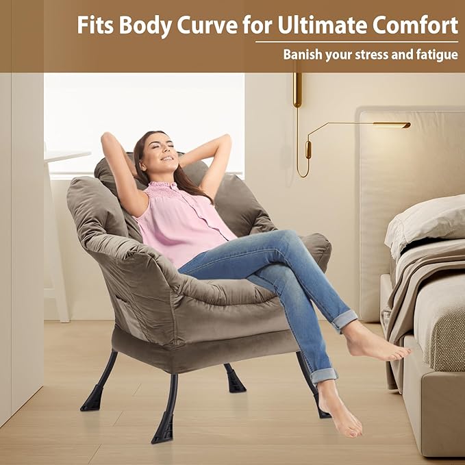 Lazy Chair Thick Padded, Comfy Velvet Accent Lounge Chair with Stable Frame, Leisure Sofa Armchair with Armrests and Side Pocket, Reading Chair for Bedroom, Living Room, Office, Dark Gray