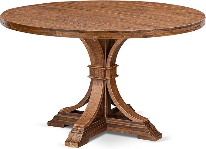 I7MZ5-50N-04 5-Pc Dining Room Set Includes a Pedestal Round Table and 4 Light Tan Polyester Fabric Padded Chairs with Padded Back - Antique Walnut Finish