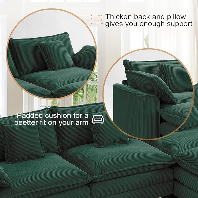 Furniliving Oversized Accent Chair with Ottoman, Luxury Corduroy Single Sofa, Upholstered Deep Seat Chaise Lounge with Pillows for Living Room, Bedroom, Apartment, Green