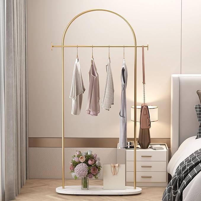 Gold Clothing Rack, Modern Clothes Rack with Shelf, Heavy Duty Freestanding Coat Rack, Metal Coat Hanger Stand with Hooks for Boutique Office