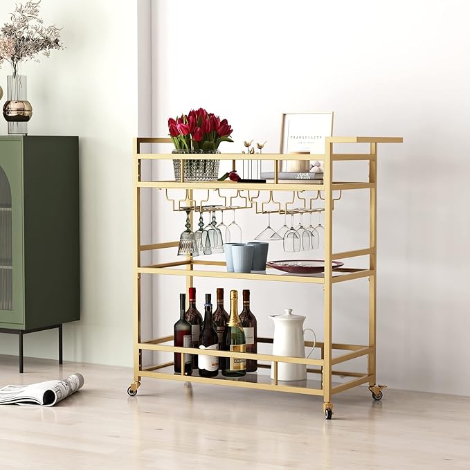 Gold Bar Carts with 3 Tier Glass Shelves, Rolling Serving Bar Cart with Wine Rack and Glass Holder, Home Bar Carts & Wine Carts on Wheels for Kitchen, Indoor & Outdoor
