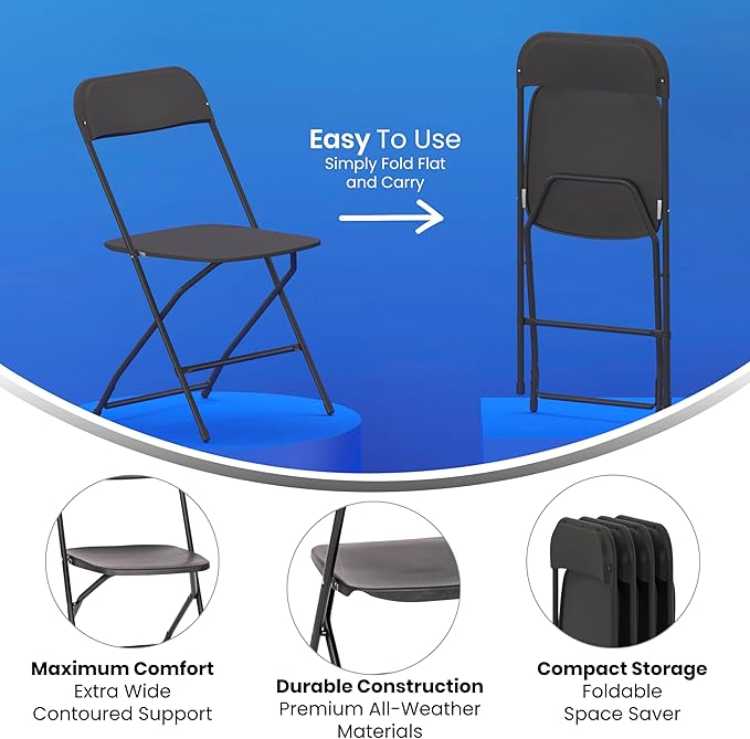 Flash Furniture Hercules Series Big & Tall Stackable Plastic Folding Chairs, Extra Wide Commercial Event Seats, Set of 4, Black