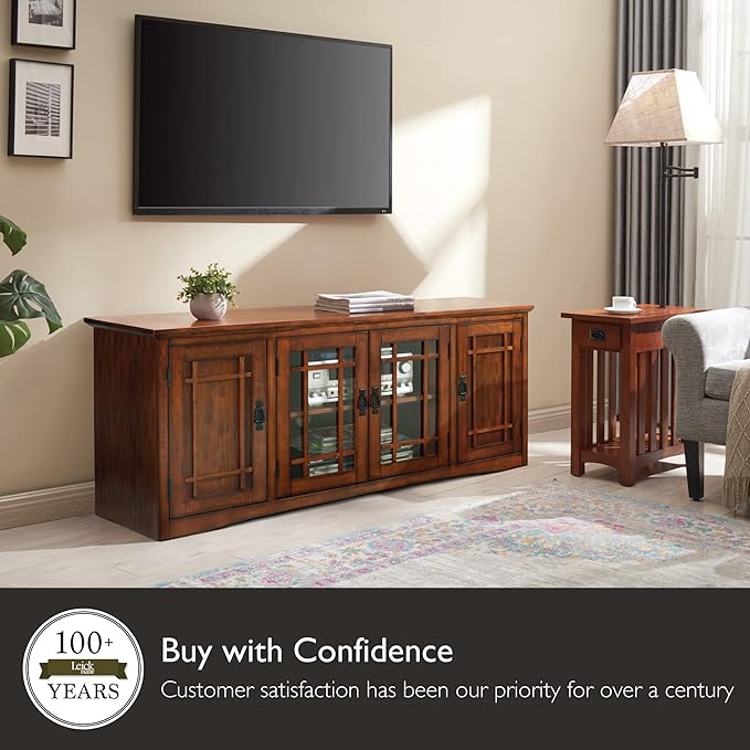 Leick Home 82360 Solid Wood Mission Oak Four Door TV Stand For 65" TVs Universal TV Console Living Room Storage Shelves Entertainment Center, Mission Oak