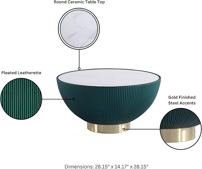 Manhattan Comfort Anderson Modern 28.15" Round Coffee Table 2.0 - Ceramic Marble Tabletop, Elegant Pleated Leatherette Details & Gold Base, Fully Assembled Accent Furniture, Set of 1, Green