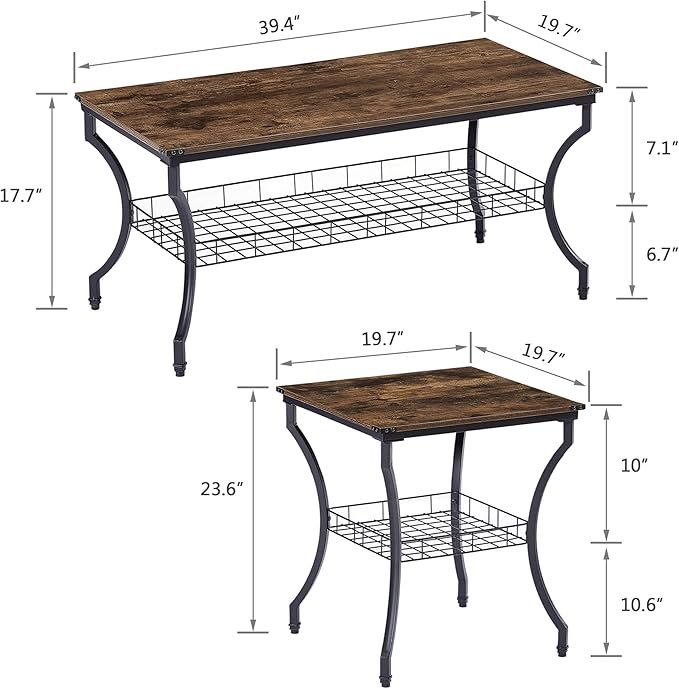 VECELO 3 Pieces Living Room Table Sets, Coffee and End Tables with Open Storage Shelves for Apartment, Home Office, Small Space, Easy Assembly, Brown