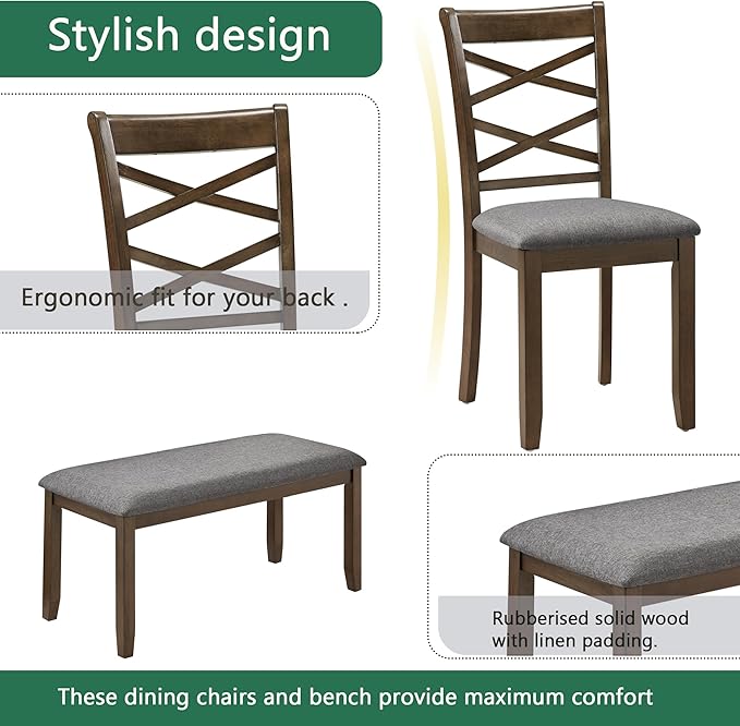 soges 6 Piece Kitchen Dining Set, Rectangular Wooden Dining Table with 4 Upholstered Chairs and a Bench, Morden Dining Table Set for 6 People, Living Room, Home Bar and Kitchen, Walnut
