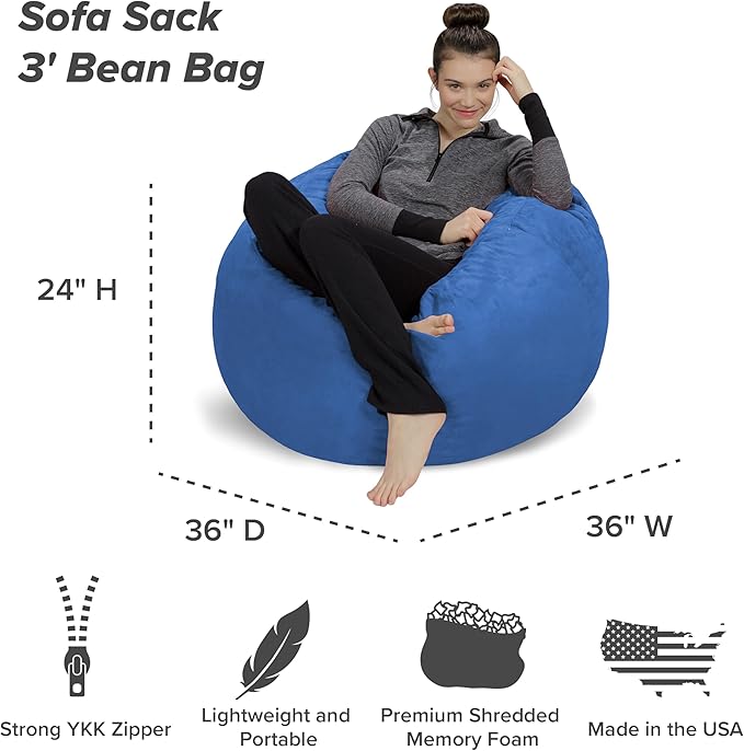 Sofa Sack Bean Bag Chair - Plush, Ultra Soft - Memory Foam Bean Bag Chair with Microsuede Cover - Stuffed Foam Filled Furniture and Accessories for Dorm Room 3 Feet - Royal Blue