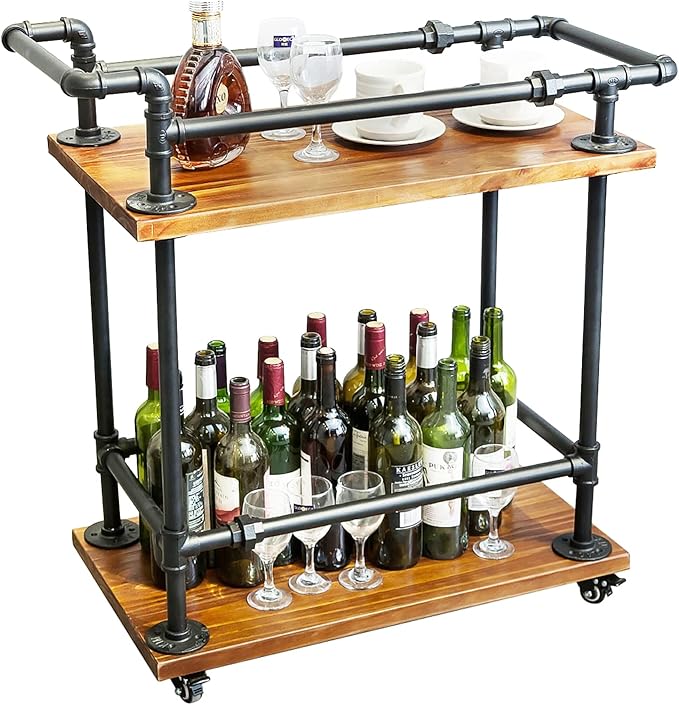 Industrial Pipe Bar Carts/Serving Carts/Kitchen Carts/Wine Rack Carts on Wheels with Shelves - Wood Rolling Carts - Wine Tea Liquor Shelves/Holder - Home Furniture