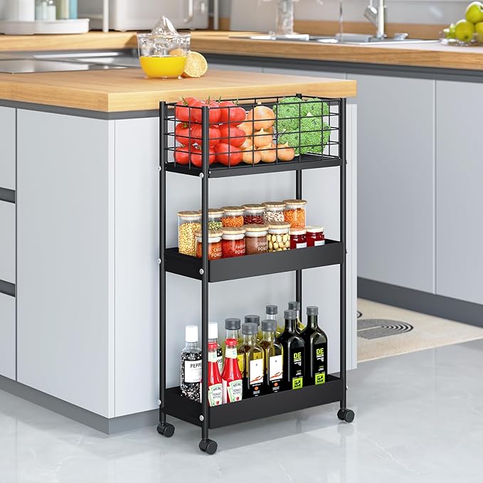 KINGRACK 3-Tier Metal Rolling Cart, Slim Storage Cart, Mobile Shelving Unit Trolley with Wheels, Bathroom Tier,Bathroom Organizer Utility for Laundry Room, Office, Narrow Place, Black