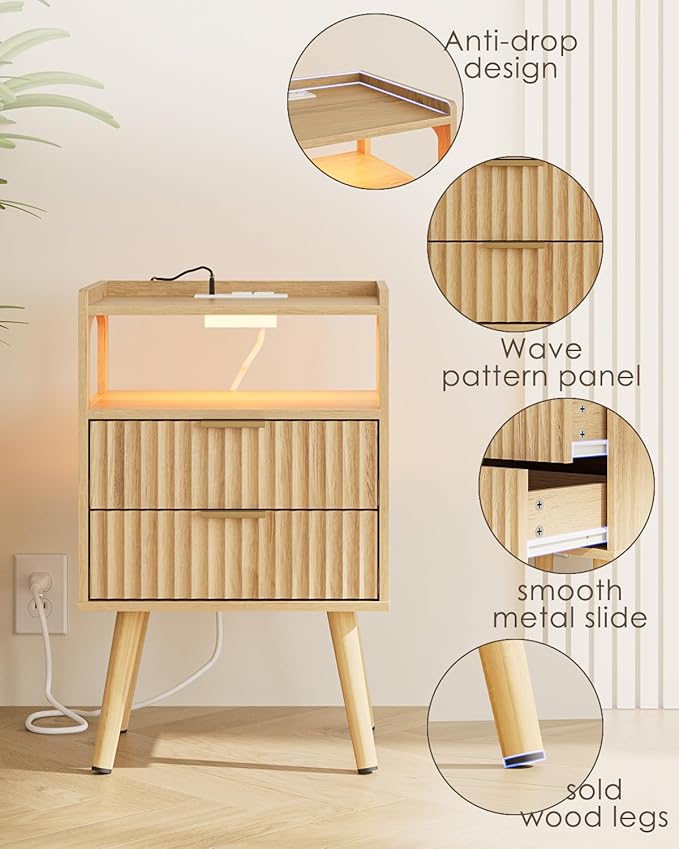 Nightstand with Charging Station and LED Lights,Modern Bedside Table with 2Drawer and Open Shelf,Oak Night Stand with Solid Wood Legs,End Table for Living Room、Bedroom and Small Spaces