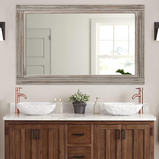 YOSHOOT Hand-Made Wooden Spliced Wall Mirror for Bathroom, Rustic Farmhouse Vanity Mirror, Décor Wall Art, Solid Wood Frame, Vertical or Horizontal Hanging, 60" x 36", Grey
