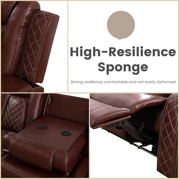 Leather Recliner Sofa Couch, 3-Seater Home Theater Seating Reclining Sofa, Power Reclining Couch with Cup Holders & Drop Down Table for Living Room Furniture Sets, Red