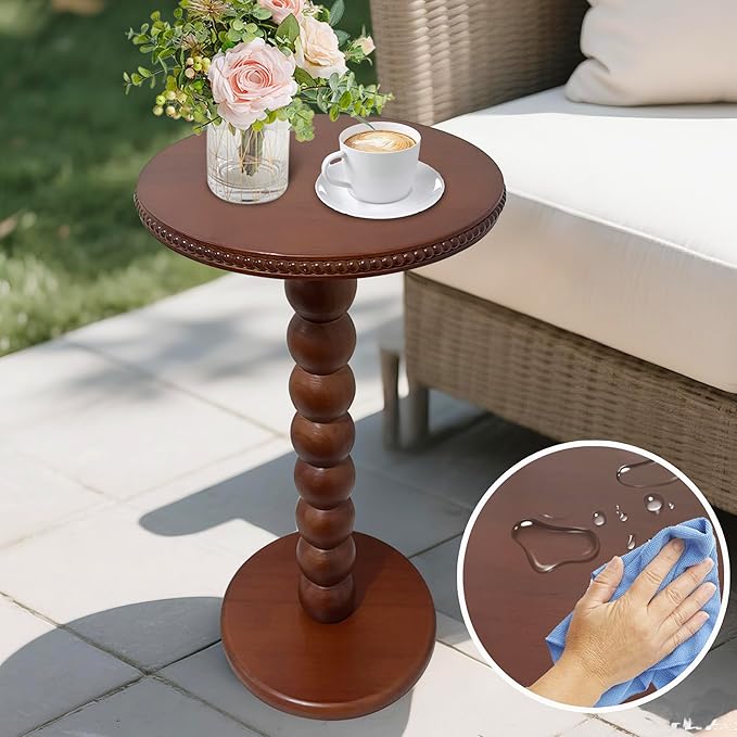 JUIOETURBoho Beaded Round Side Table - Handcrafted Small Accent Table for Small Spaces w/Solid Wood Leg - Drink Table for Living Room, Bedroom, Dorm, Office & Tight Corners (Brown)