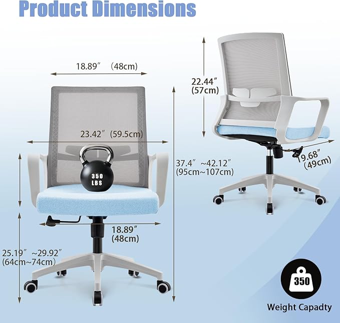 Office Chair ergonomically Designed with Breathable mesh backrest and Lumbar Support Adjustable Height Suitable for Offices Homes bedrooms Study Rooms Blue