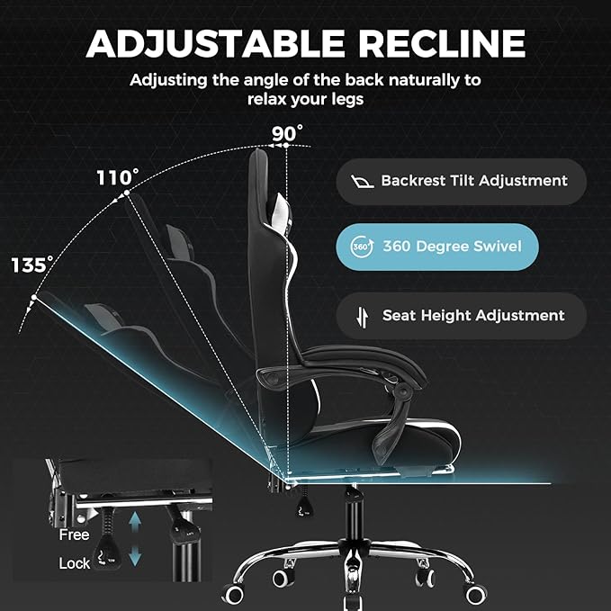 GTPLAYER Gaming Chair, Computer Chair with Footrest and Lumbar Support, Height Adjustable Game Chair with 360°-Swivel Seat and Headrest and for Office or Gaming (Fabric, Black & Light Gray)