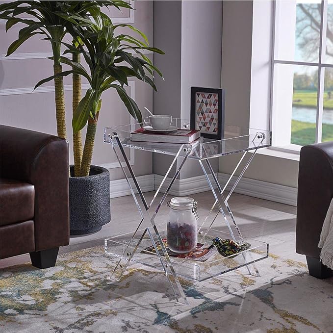 LIKENOW Furniture Acrylic Rectangular Tray Table with 2-Tier Storage,Clear,Modern,Assemble,20x18inch,High 24 Inch,16.5 LBS