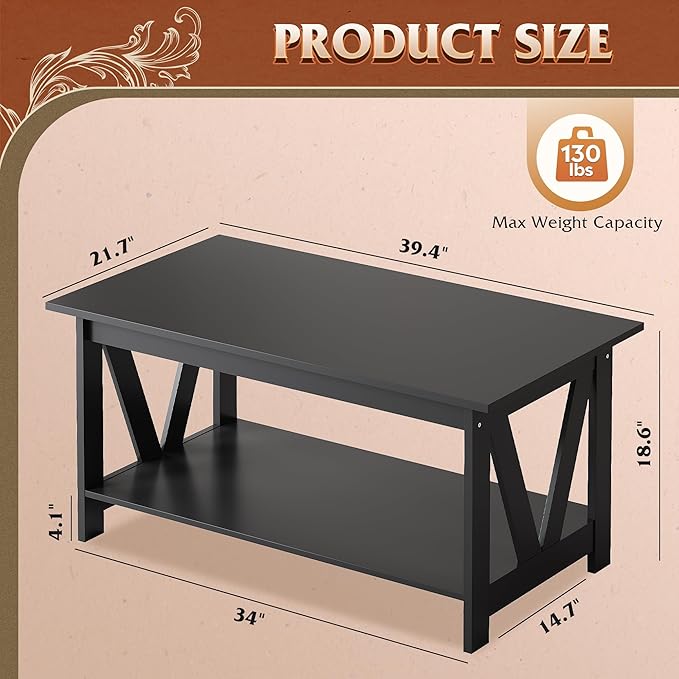 WLIVE Coffee Table with Storage Shelf, 39.4" Farmhouse Coffee Table with V-Frame Support, 2-Tier Wood Rustic Center Table for Living Room, Bedroom & Balcony, Black
