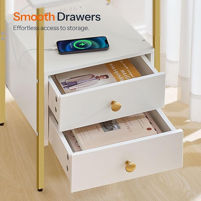 HOOBRO End Table with Charging Station, Bedside Table with 2 Drawer & USB Port & Type-C Port, Nightstand for Small Spaces, Stable and Sturdy, for Living Room, White and Gold DW43UBZ01