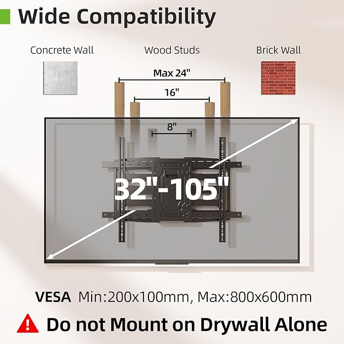 USX MOUNT Heavy Duty TV Wall Mount for 32-105" TVs up to 165lbs with 8" Sliding Design,Ultra-Large Mount for up to 24" Studs with Swivel,Tilt&Leveling,Pre-Assembled Monitor Bracket Max VESA 800x600mm