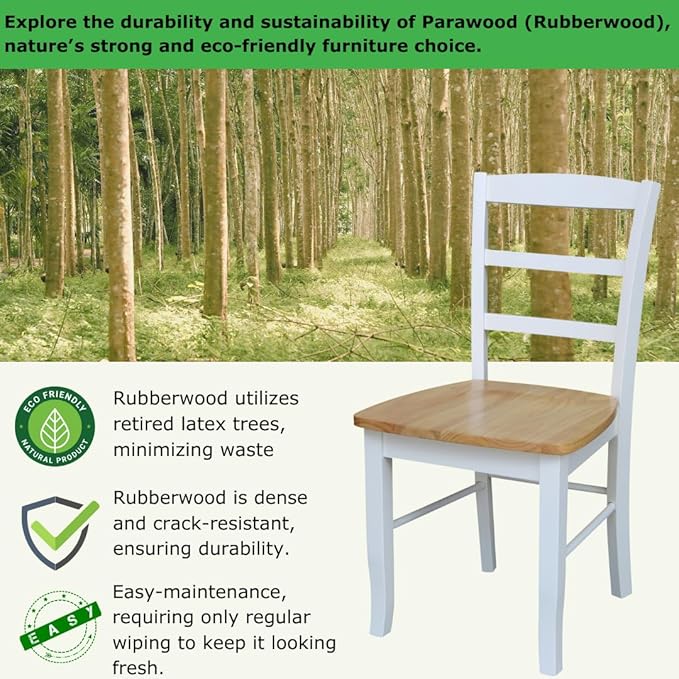 Madrid Ladderback, Set of 2 Dining Chairs , Solid Wood Kitchen/Dining Chairs, Parawood Construction, 18.1"W x 19.3"D x 35.2"H, 225 lb Weight Capacity, Elegant, Durable, White/Natural
