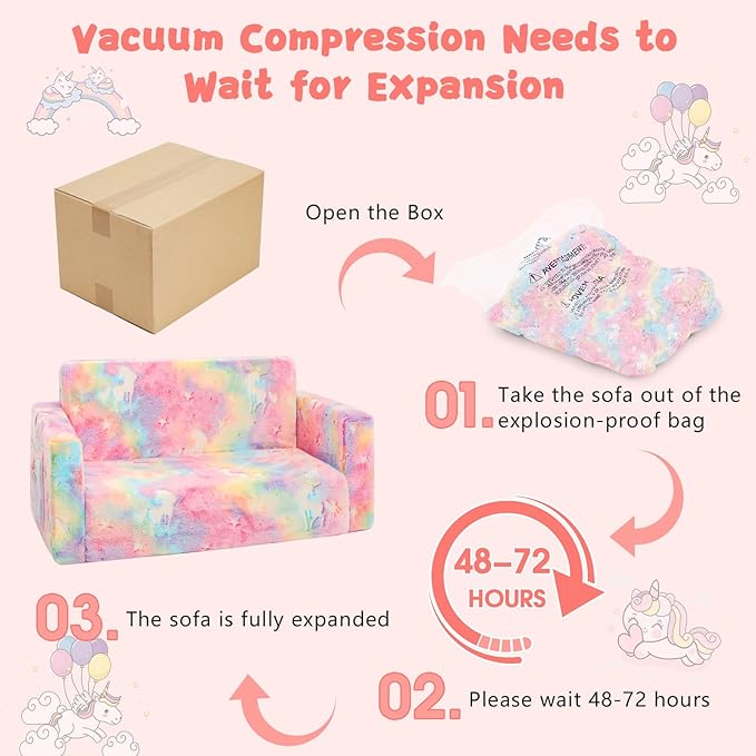 Toddler Chair Comfy,2-in-1 Soft Toddler Couch Fold Out for Kids,Convertible Sofa to Lounger,Gift for Girls and Boys Birthday,Unicorn,Large