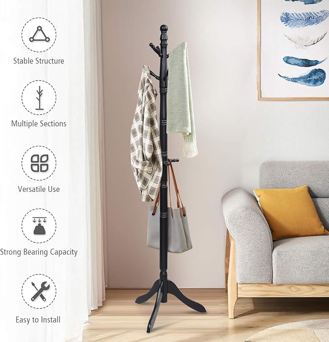 Tangkula Wood Coat Rack Freestanding, Entryway Height Adjustable Coat Stand with 9 Hooks & Stable Tri-Legged Base, Rubber Wood Coat Tree Hall Tree Coat Hanger Stand for Home Office Hall Entryway
