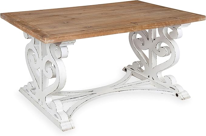 Kate and Laurel Wyldwood Rustic Carved Coffee Table, 38" x 23" x 18", Distressed Brown and White, Farmhouse-Inspired Living Room Decor