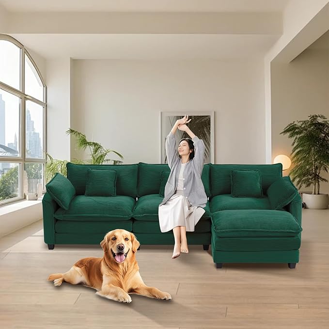Furniliving 117‘’ L-Shaped Sofa, Luxury Corduroy Modular Sectional Couches with Ottoman, Upholstered Deep Seat Sleeper Sofa with Memory Foam and Waist Pillows, Green