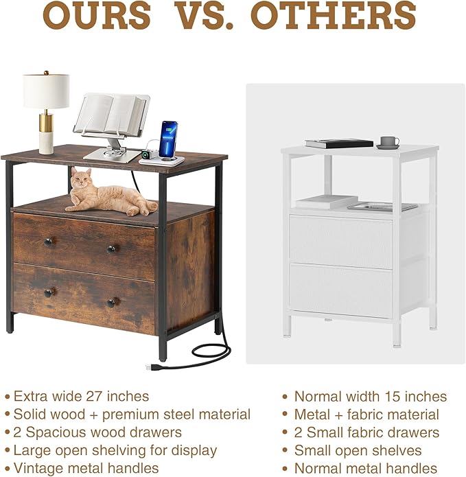 27 inch Wide Nightstand with Charging Station, Bedside Table with Open Shelf, 2 Drawers Small Wood Dresser, End Side Table for Bedroom (Rustic Brown)