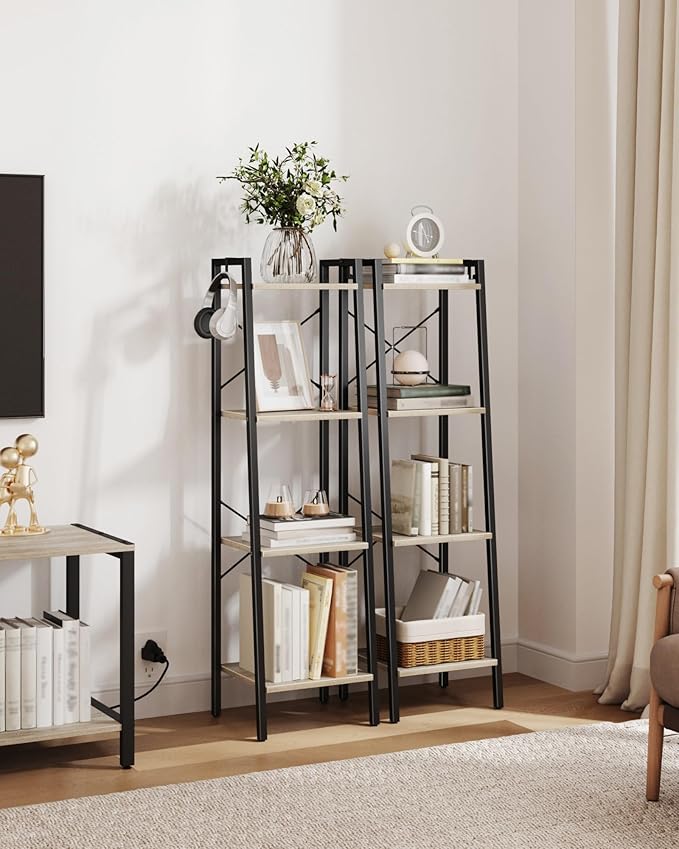 Ladder Shelf, Bookshelf Bookcase, Freestanding Corner Storage Shelve with 2 Hooks for Home Office, Living Room, Kitchen, Bedroom, Industrial, 4-Tier Greige BC13205B