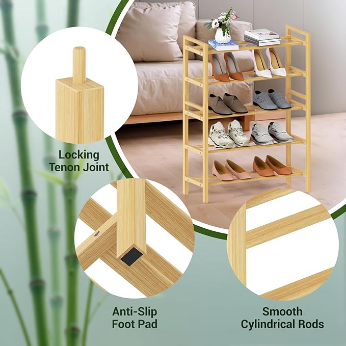 Haddockway Bamboo Shoe Rack for Closet, Free Standing Shoe Organizer with Smooth Round Rods & Convenient Handles, Stackable Shoe Storage Shelf for Entryway, Hallway(Natural, 5-Tier(Small))