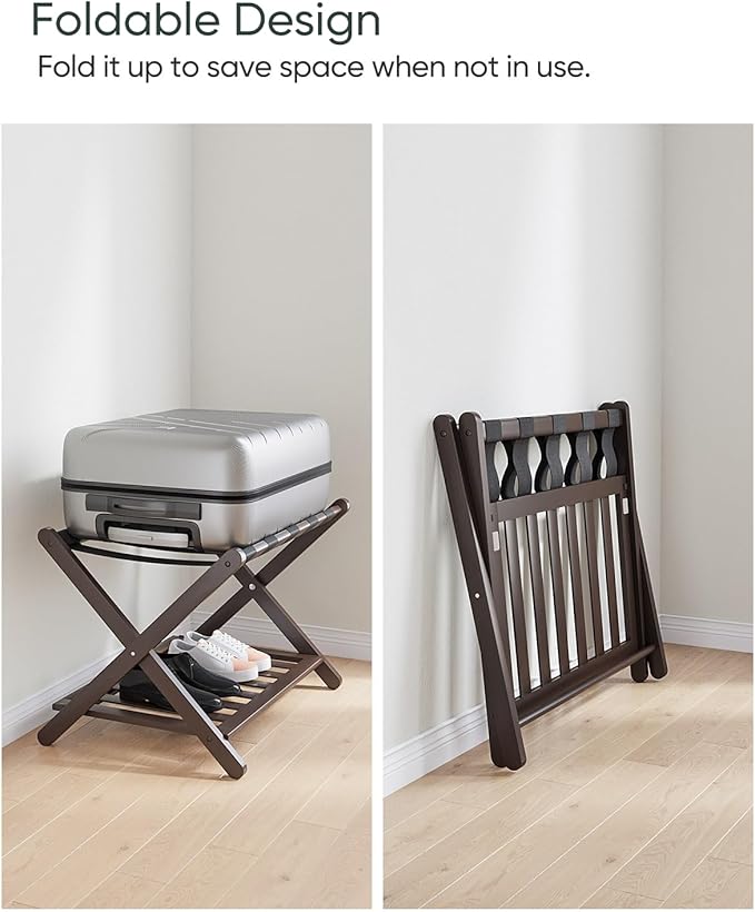 Fully Assembled Bamboo Luggage Rack, Folding Suitcase Stand with 5 Nylon Straps, Luggage Holders with Shelf, Ideal for Guest Room, Bedroom, Hotel, Espresso