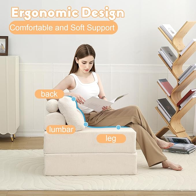 MeMoreCool Instant Guest-Ready Comfort — Convertible Sofa Chair for Small Apartments & dorms, Folds into a futon with Pillow, no Assembly, Space-Saving Design, Perfect for overnights & Studios, Beige