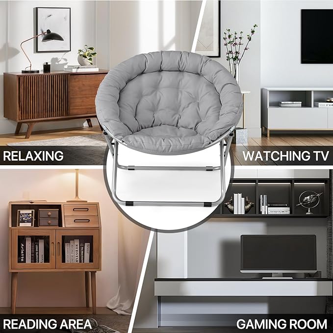 MoNiBloom Round Folding Saucer Chairs Set of 2 for Bedroom Living Room Dorm Foldable Metal Frame Comfy Soft Lounge Lazy Cozy Moon Chairs for Teens (Grey)