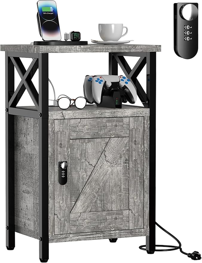 Wooden Nightstand with Lock, Bed Side Table with Drawers, Bedside Table with Charging Station, 3 USB & 2 Outlets, Night Stand with Storage, End Tables for Living Room, Bedroom (Ash Gray)