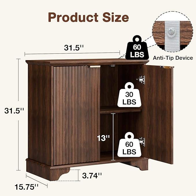Fluted Buffet Sideboard Cabinet with Storage, 62" Coffee Bar Cabinet Credenza with Shelves, Console Table for Entryway Kitchen, Walnut