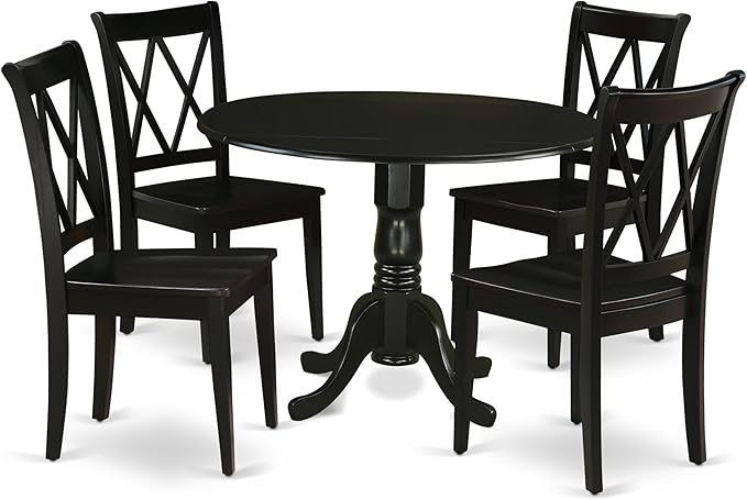 East West Furniture DLCL5-BLK-W 5 Piece Dining Table Set for 4 Includes a Round Kitchen Table with Dropleaf and 4 Dining Room Chairs, 42x42 Inch, Black