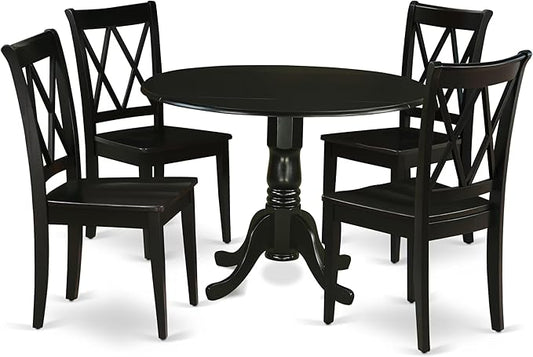 East West Furniture DLCL5-BLK-W 5 Piece Dining Table Set for 4 Includes a Round Kitchen Table with Dropleaf and 4 Dining Room Chairs, 42x42 Inch, Black