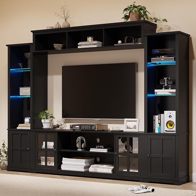 Wall Unit TV Stand with Storage & LED Lights, Large Entertainment Center with Bookshelves for TVs up to 75", Media Console for Living Room, Black